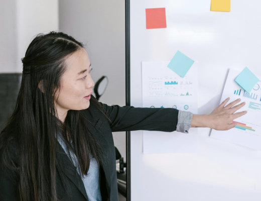Asian Woman Holding Notes Against a Whiteboard
